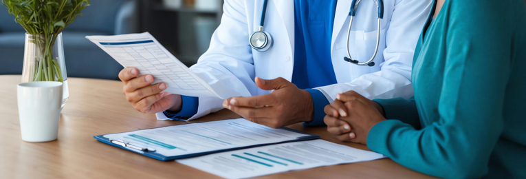 A doctor is engaged in a discussion with a patient, referring to various documents